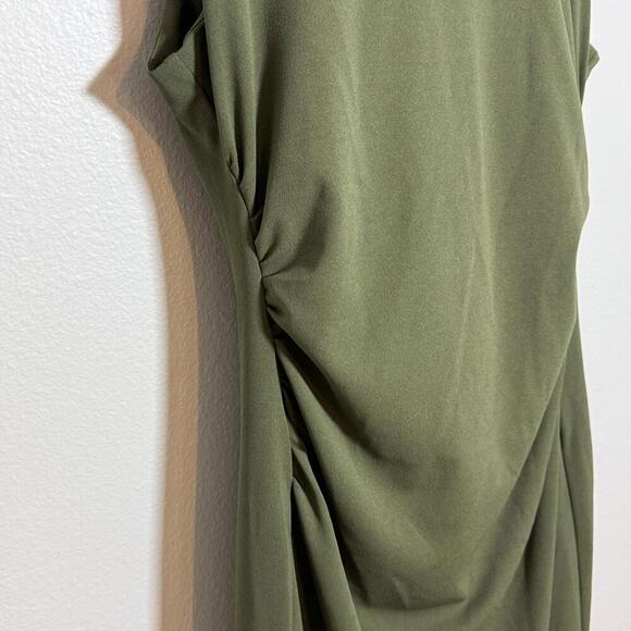 Alex Marie Olive Green Sleeveless Ruched Midi Sheath Dress Size Large - Picture 2 of 6